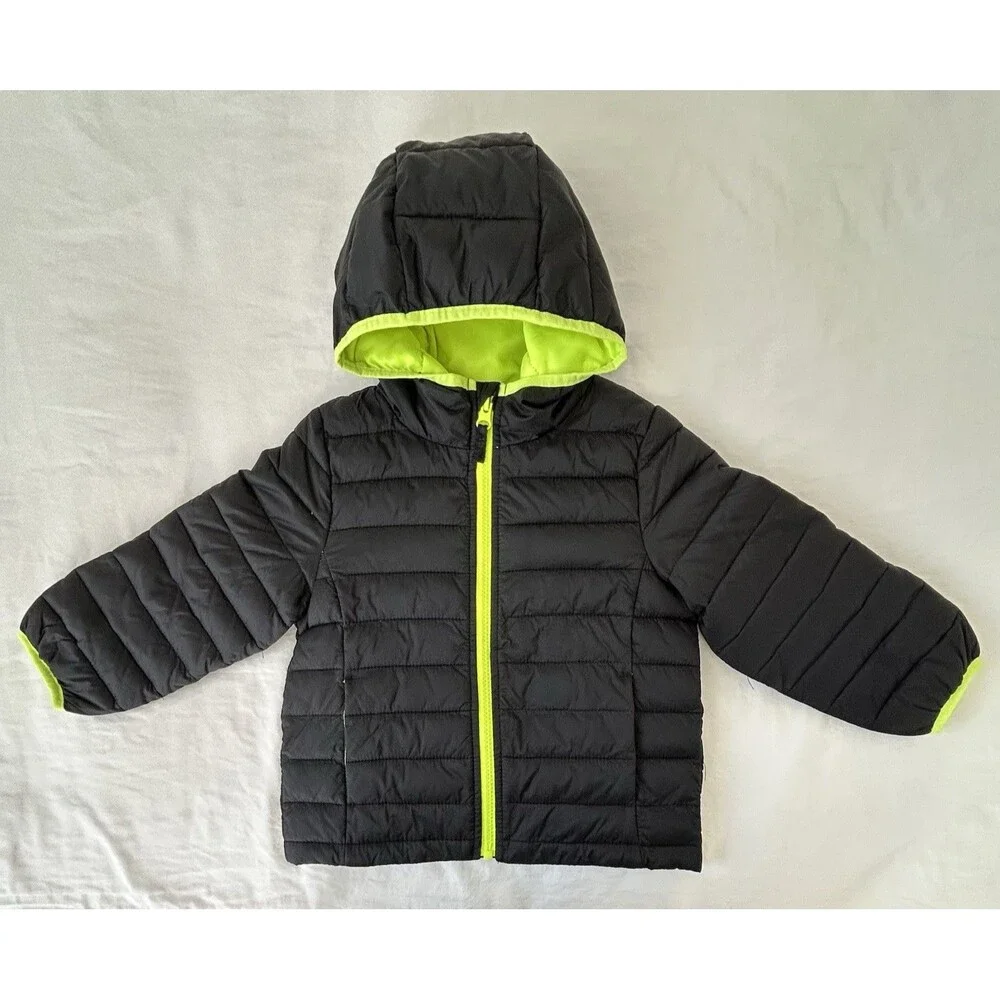 NEW No Tags! Jumping Beans Toddler 3T Black Neon Green Hooded Puffer Jacket